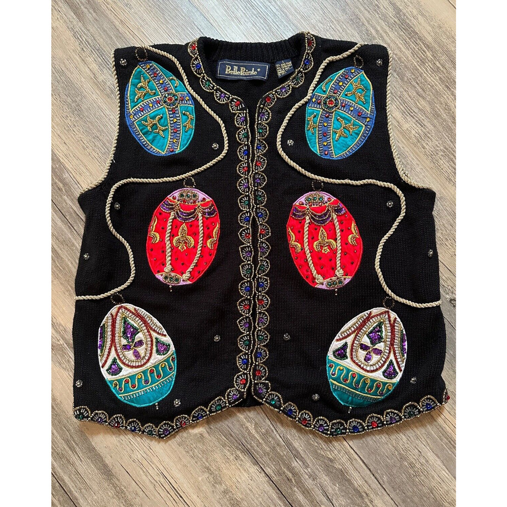 Vtg Belle Pointe Sweater Vest Size Large Beaded Faberge Eggs Embroidered